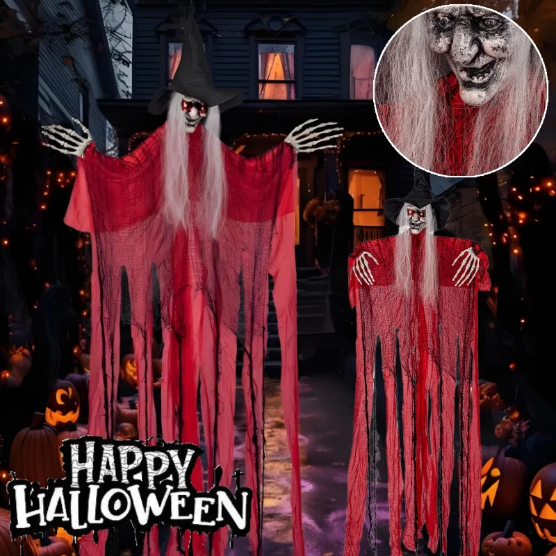 Gruseliges hängendes Hexendekor, Halloween-Dekorationen, im Freien, sprechender fliegender Klang, aktiviertes Partyzubehör für Spukhaus, Garten Image