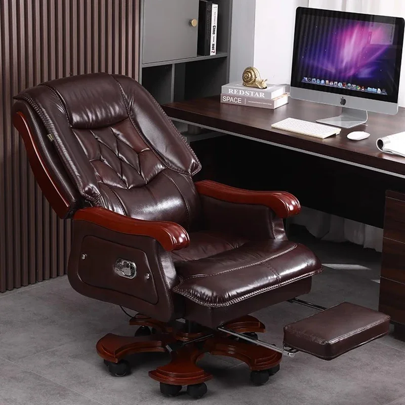 Lederstuhl Erste Schicht Rindsleder Großer Business-Liegender Bürostuhl Massivholz Massage Chaises De Bureau Lounge-Möbel