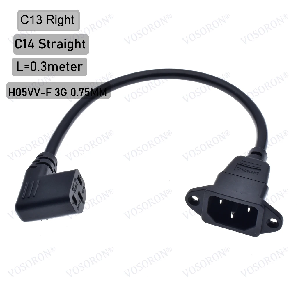 IEC320 C14 mit Schraubenlöchern und rechtwinkligem C13-Kurzschluss, C14- bis C13-Verlängerungskabel für Computerkessel, H05VV-F 3G 0,75 mm, 30 cm Image