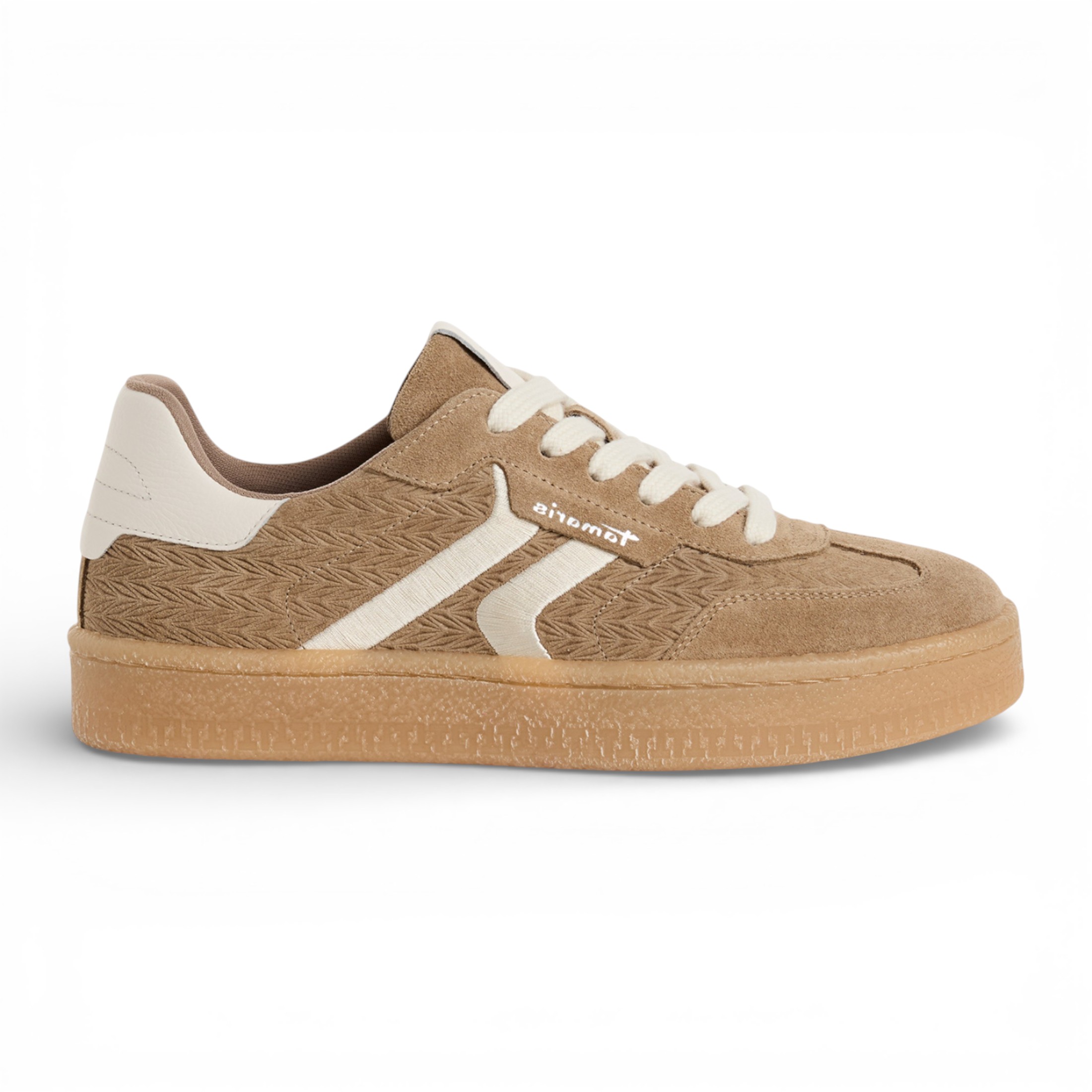 Tamaris Damen-Sneaker aus taupefarbenem Leder mit weißen Streifen