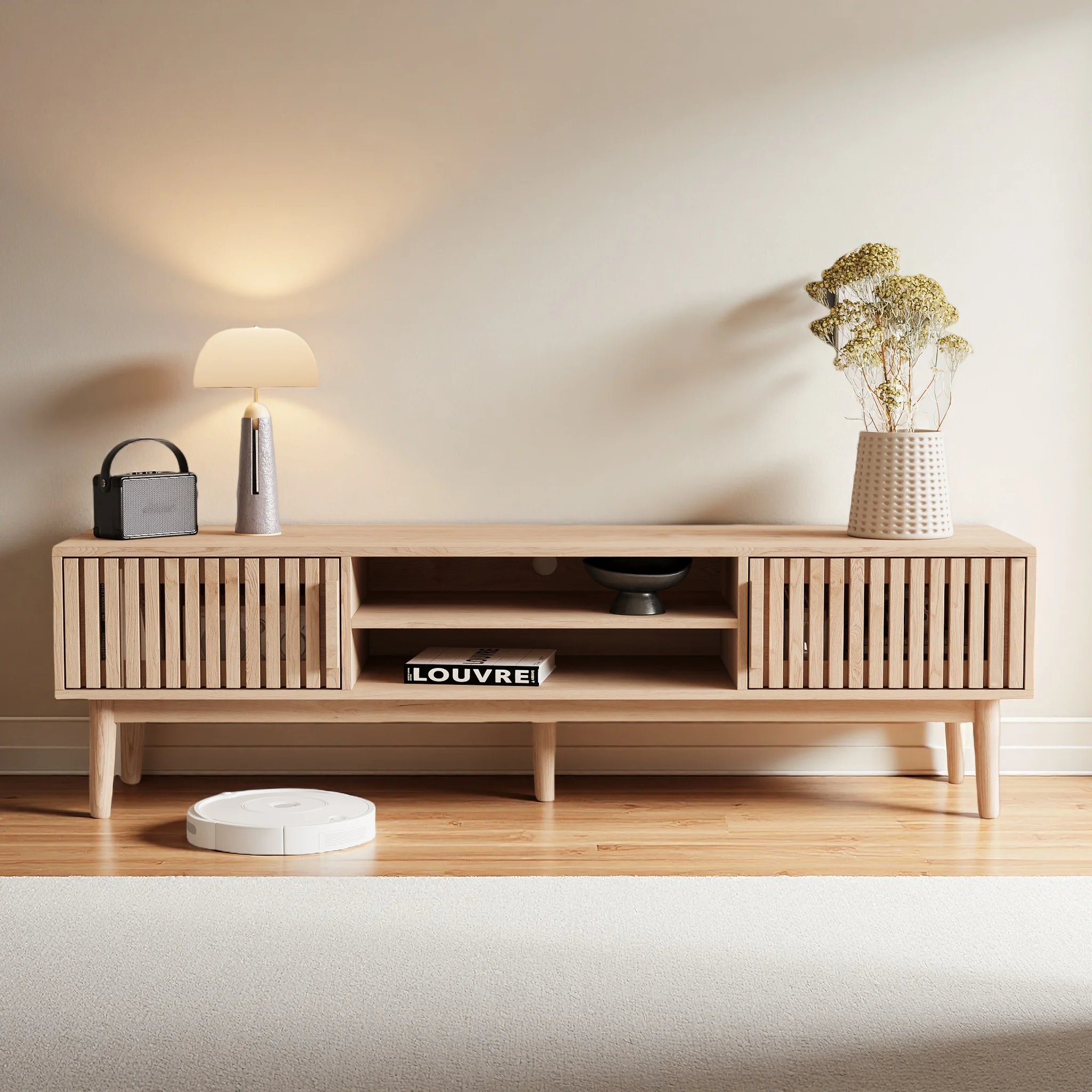 Comanlai Meuble TV 150 cm, meuble TV avec 2 armoires et étagères ouvertes, meuble TV en bois, pieds en bois massif, pour salon chambre à coucher