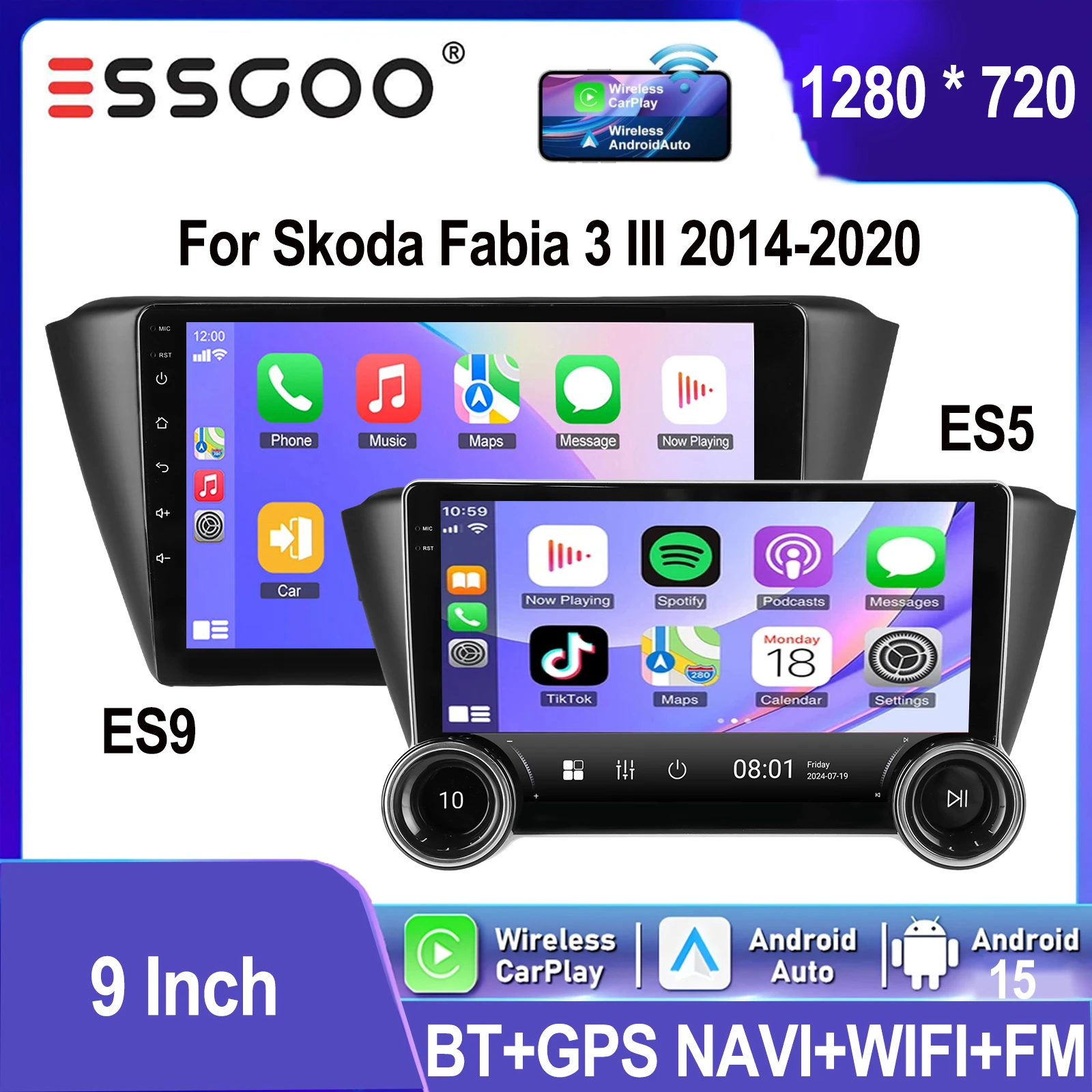 ESSGOO Display touch IPS 9 pollici Android 15 per Skoda Fabia 3 III MK3 2014-2020 Carplay wireless Android auto Autoradio Navigazione GPS WIFI Bluetooth FM USB Collegamento specchio Controllo del