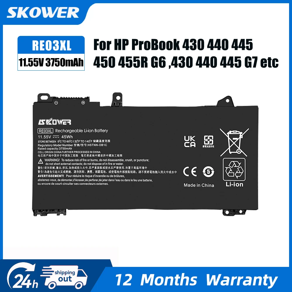 SKOWER RE03XL Laptop-Akku für HP ProBook 430 440 450 445 455R G6 G7 HSTNN-OB1C