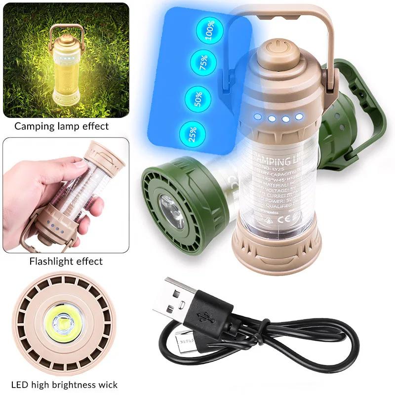 Multifunktionale LED-Campinglampe, 6 Beleuchtungsmodi, Taschenlampe mit Haken, Typ-C, wiederaufladbar, für Notfälle, Zelt, Hof, Autoreparatur
