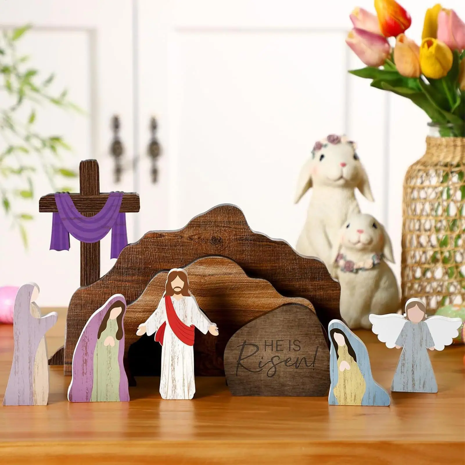 Krippenset aus Holz, rustikales religiöses Dekor, Krippensets und Figuren für den Innenbereich, Hof, Tischplatte, Zuhause, Kirche, Familiennacht, Ostern Image