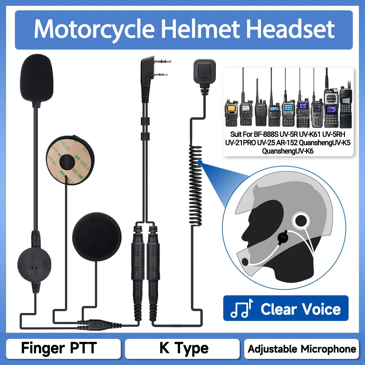 ABBREE Walkie Talkie Motorradhelm Headset Zubehör Kopfhörer mit PTT und Mikrofon für Baofeng UV-5R UV-82 AR-152 BF-888S Image