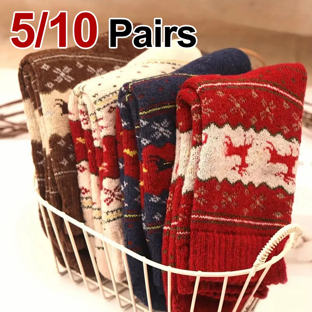 5/10 Paar Herbst/Winter dicke Rentier bedruckte Damen-Mittelrohrsocken, warm, bequem, geeignet als Weihnachtsgeschenke, lässige Socken Image