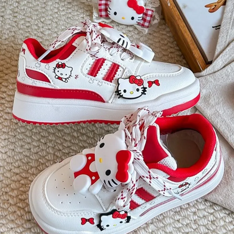 Kinder-Freizeitschuhe ​ Turnschuhe aus PU-Leder mit Cartoon-Motiv, Hello Kitty, Schleife, Frühlingsschuhe für Mädchen, rutschfest, atmungsaktiv, Weiß, Rot, Größe 26–36