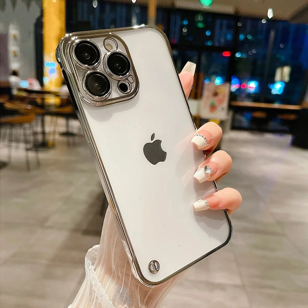 Ultra dünne rahmenlose harte PC-Stoßstangen etuis für iPhone 15 14 13 12 11 Pro Max plus transparente Objektivs chutz stoß feste Abdeckung Image