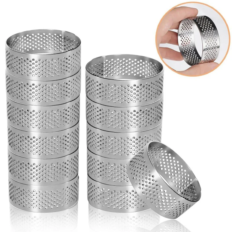Set mit 12 runden Tortenringen aus Edelstahl – perforierte Formen für Mousse und Desserts, Keksausstecher, Obsttortenformen Image