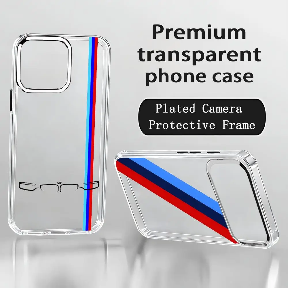 Handyhülle für iPhone17 Air 16 15 14 13 12 11 Pro Max Plus Gestreift BMW-Schriftzug Chrom-Tasten Kameraring Transparente Hülle Image