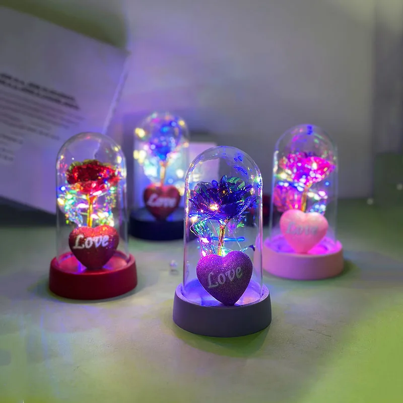 Valentinstag Rosen Geschenk Romantische Liebe Kunststoffabdeckung wird Zuhause Schlafzimmer Dekor Schmuckstück Geburtstagsdekoration Party Party klein leuchten Image