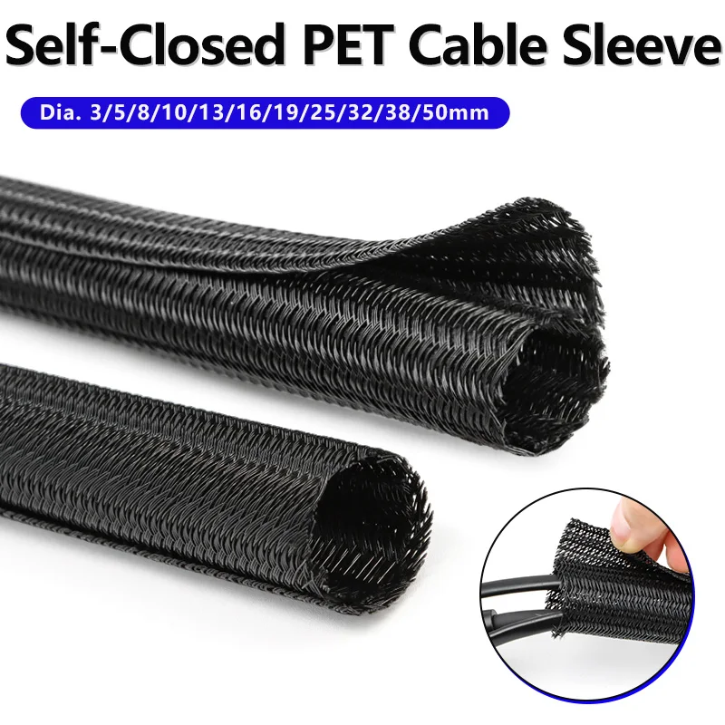 2/5 m schwarze, erweiterbare, selbstschließende Kabelhülse aus PET, Durchmesser 3 mm ~ 50 mm, geteilte, isolierte, hitzebeständige, geteilte Leitungsschutzhülse Image