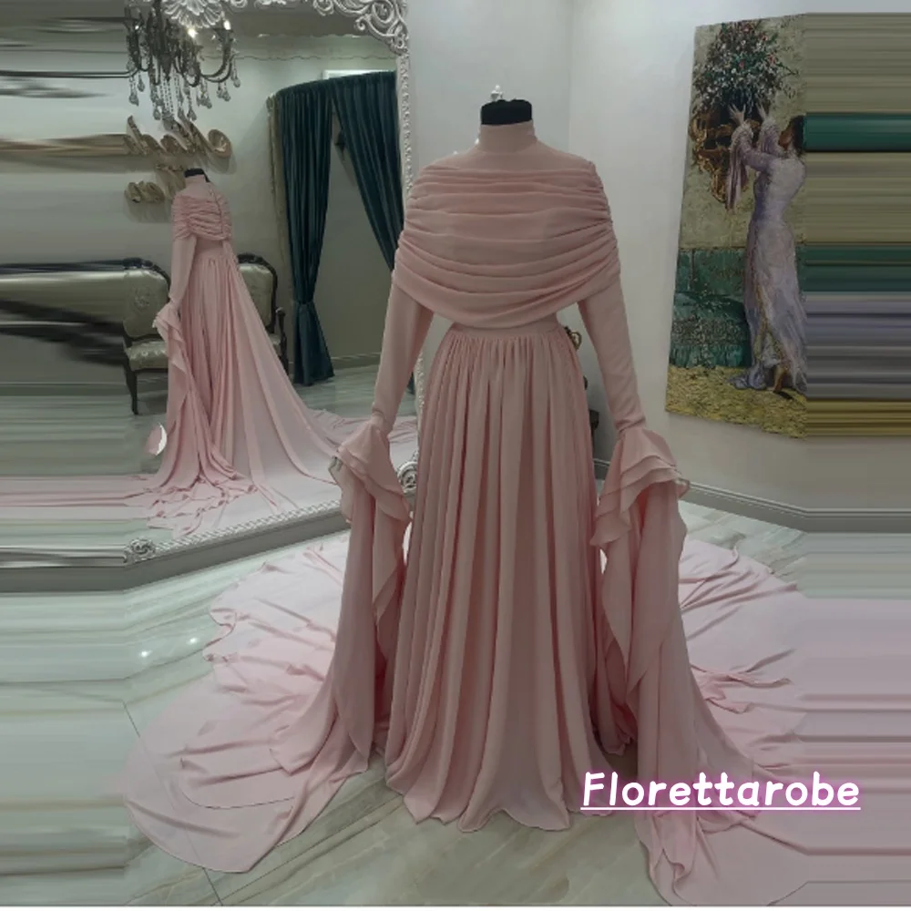 Florettarobe Muslim Chiffon Tiered Rüschen A-Linie Arabische Ballkleider Stehkragen Volle Ärmel Kleid Langes Abendkleid Maßgeschneidert Image