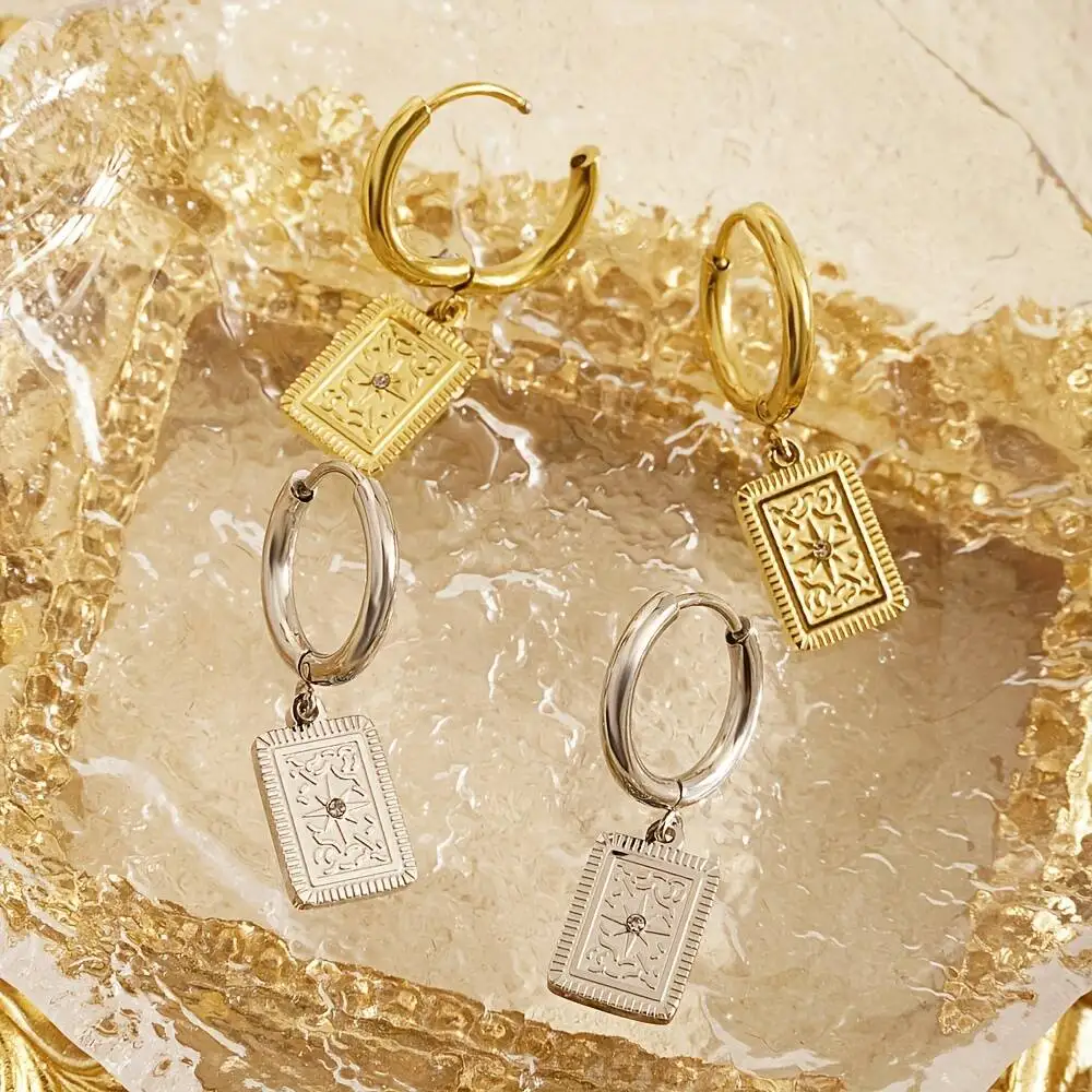 Edelstahl Europäische und Amerikanische Minimalistische Hexagramm-Quadrat-Creolen mit Strasssteinen, Damenschmuck-Accessoires Image