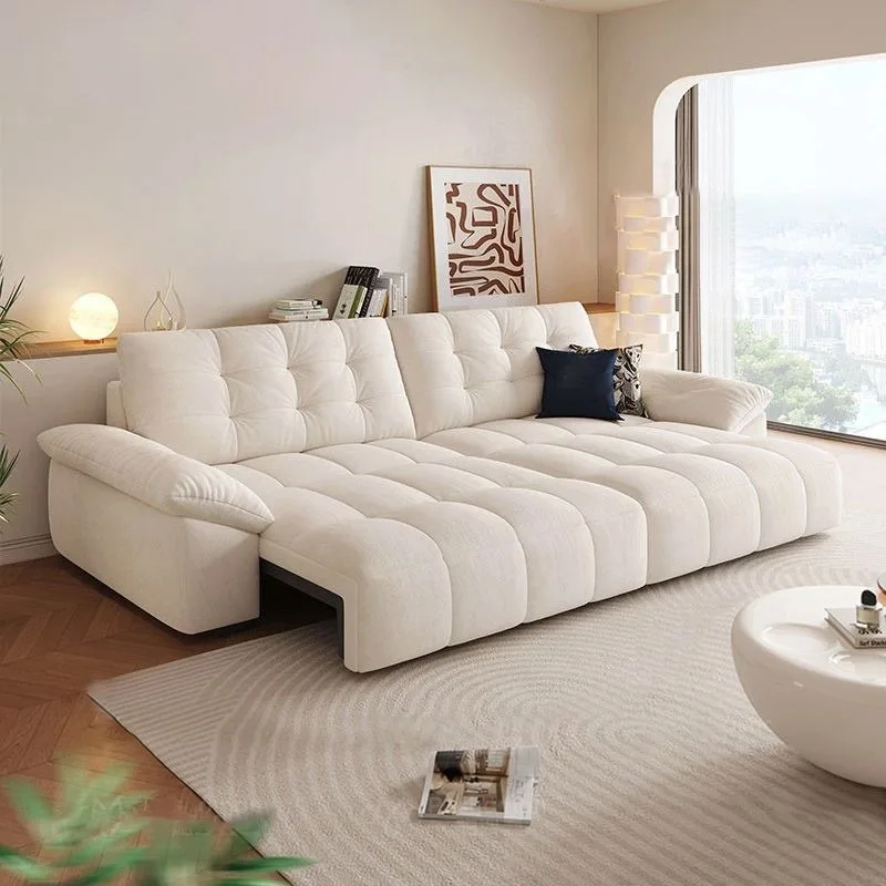 Wolkensofa-Bett, multifunktional, für kleine Wohnungen, ausziehbar, gerade Reihe, kratzfestes Stoffbezug, cremefarben, Wohnzimmer-Stoffsofa Image