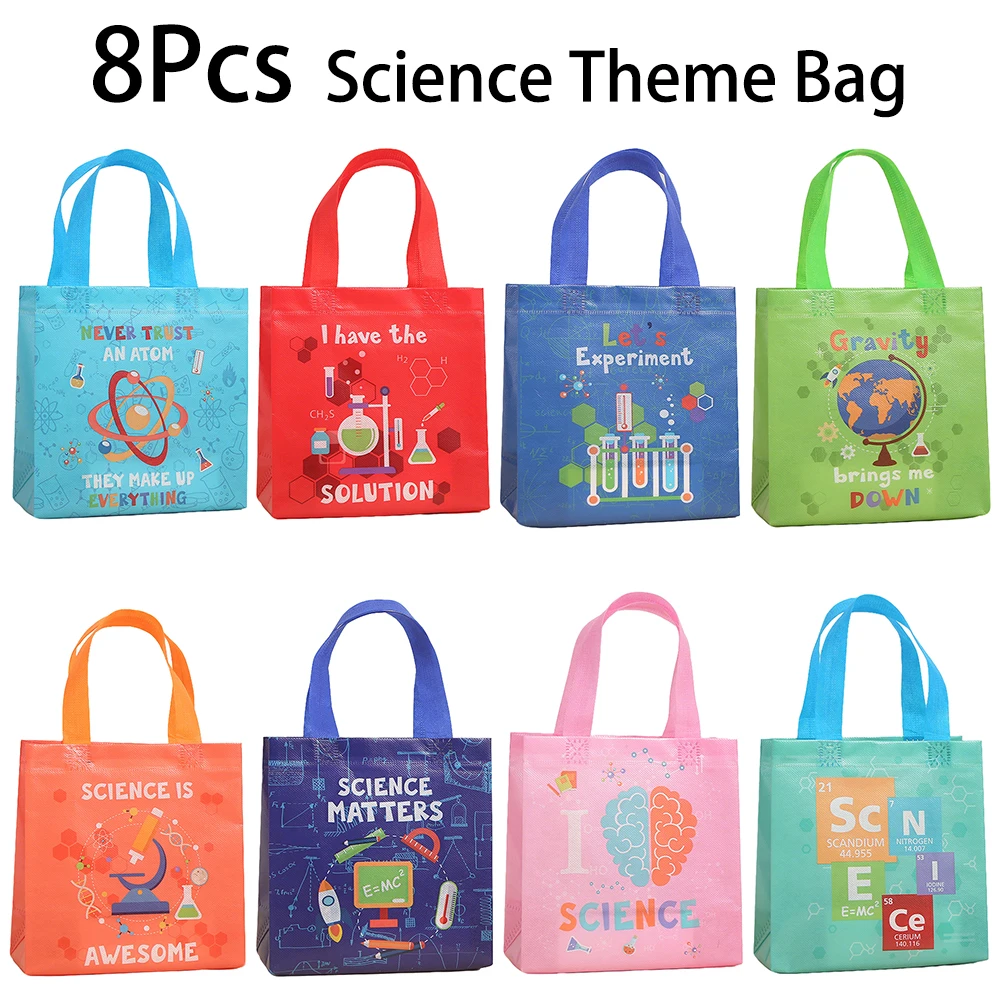 8 Stück Wissenschaftslabor-Thema, Vlies-Geschenkverpackungsbeutel, DNA-Experiment-Aufbewahrungstasche für Kinder, Geburtstag, Zurück in die Schule, Party-Dekoration Image