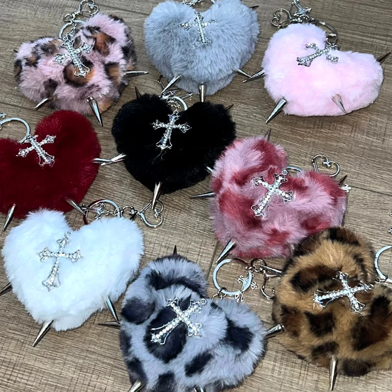 Y2K Schmuck Rosa Leoparden-Kreuz Herz Schlüsselanhänger Taschenanhänger Punk Grunge Rock 90er Ästhetik Mode Goth Schlüsselanhänger Accessoires Image