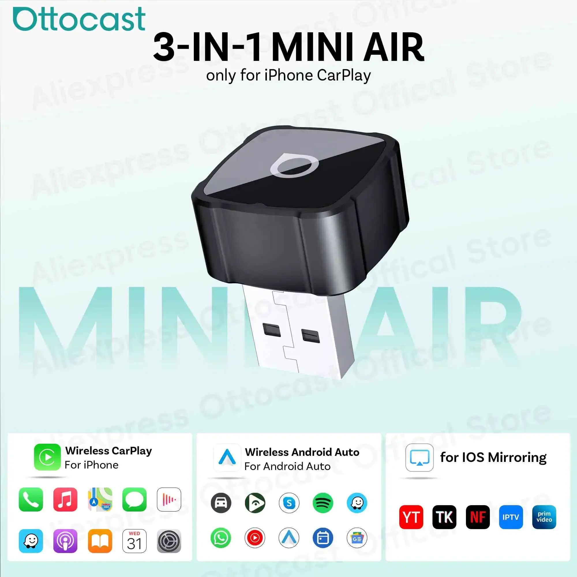 Ottocast Mini Air Tiny Cube 4.0 Kabelloser CarPlay Android Auto Adapter 2026 für iPhone iOS Spiegelung Bildschirmübertragung Auto-Zubehör Image