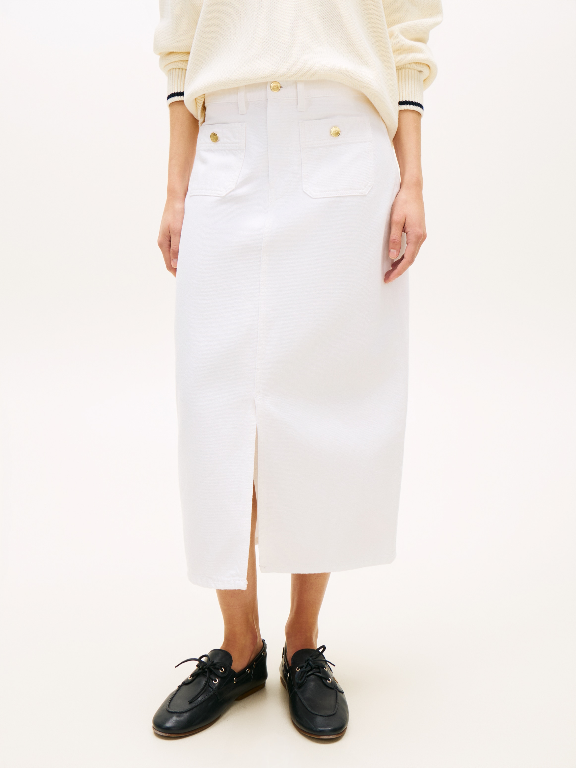 Bleistiftrock TOMMY HILFIGER "DNM WHITE MIDI STRAIGHT SKIRT HW", Damen, Gr. 38, th optic weiß, Web, Obermaterial: 100% Baumwolle, unifarben, straight fit wadenlang, Röcke Bleistiftrock Image