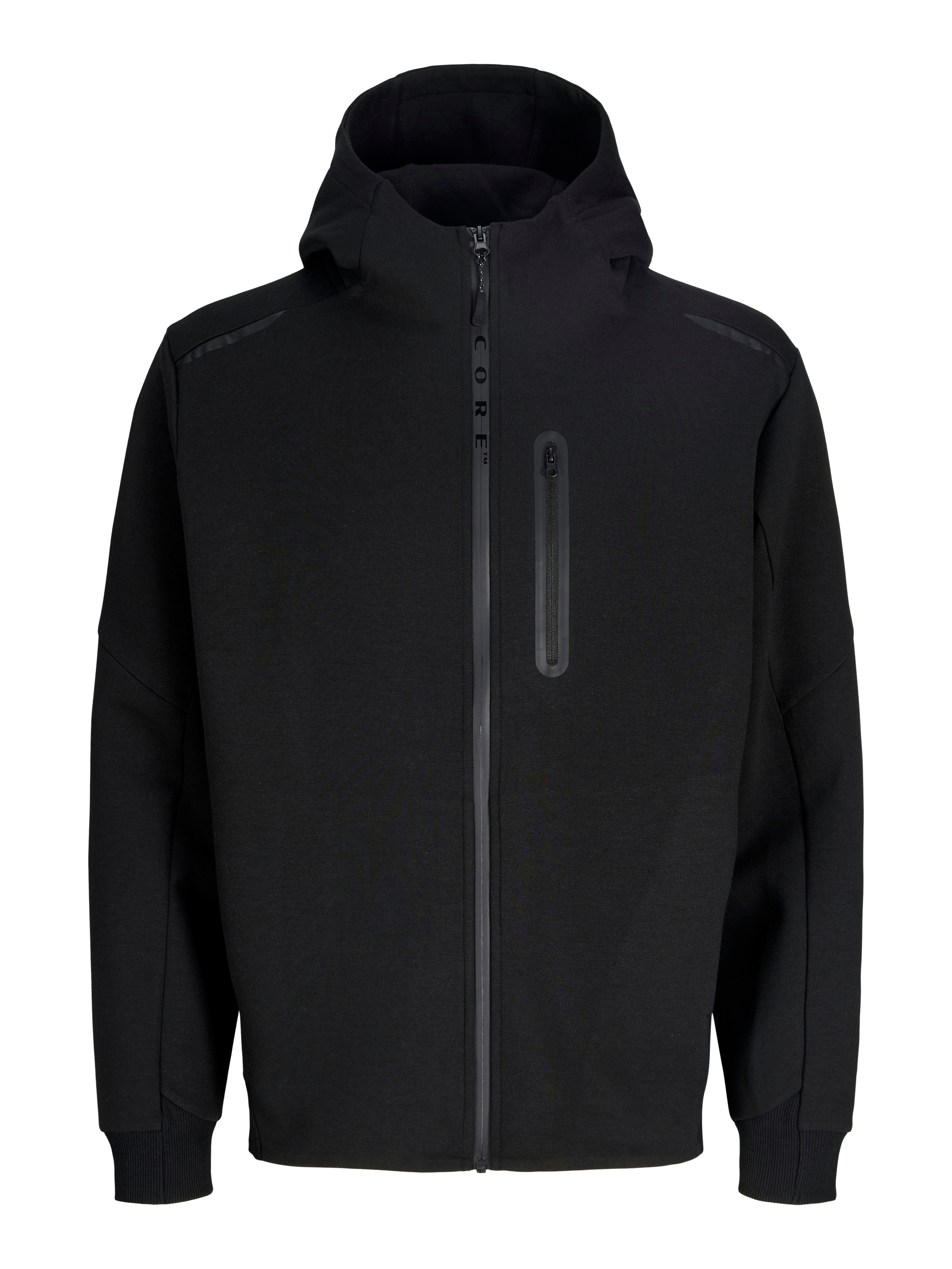 Kapuzensweatshirt JACK & JONES "JCOFUSION FULL ZIP SWEAT HOOD", Herren, Gr. S, schwarz, angeraute Sweatware, Obermaterial: 72% Polyester, 28% Baumwolle, unifarben, regular fit normal, hoch geschlossener Ausschnitt, Sweatshirts