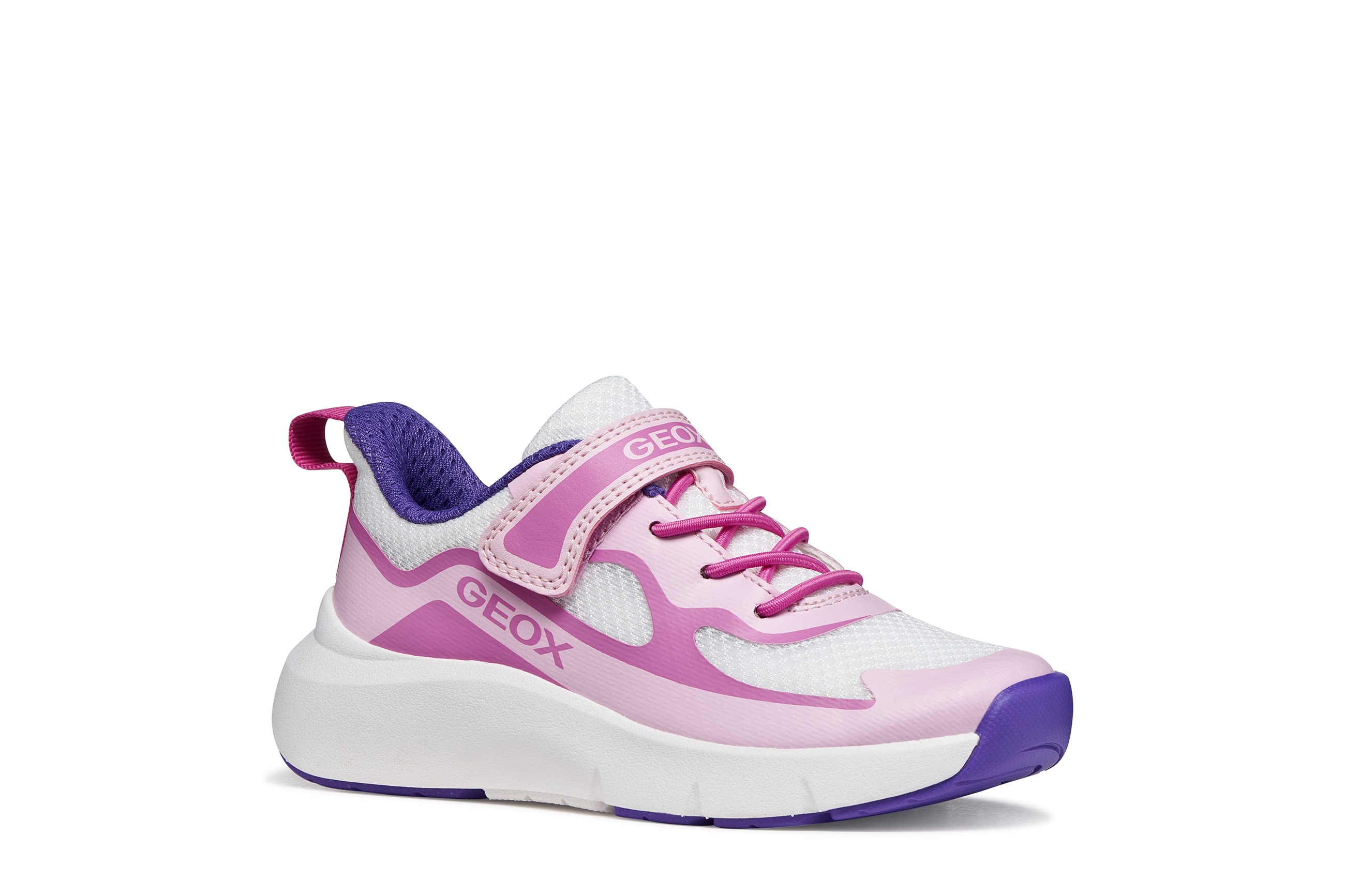 Sneaker GEOX "J PRO-RAN GIRL", Damen, Gr. 30, pink, weiß, Synthetik, Textil, Mesh, kontrastfarbene Details, Schuhe Sneaker, Slipper mit Klettverschluss, Größenschablone zum Download