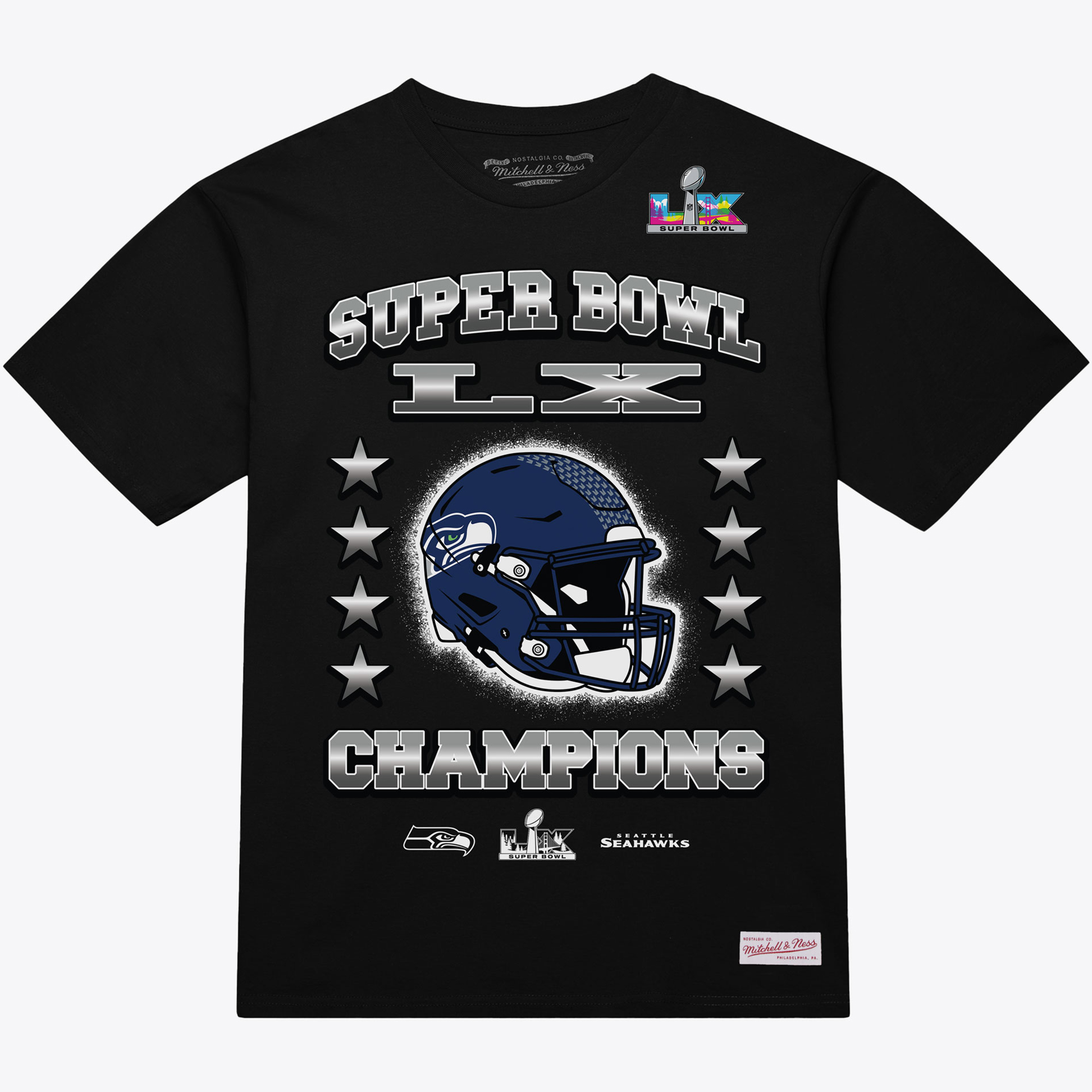 "Mitchell & Ness Herren-T-Shirt mit schwarzem Seattle Seahawks Super Bowl LX Champions Helm-Aufdruck" Image