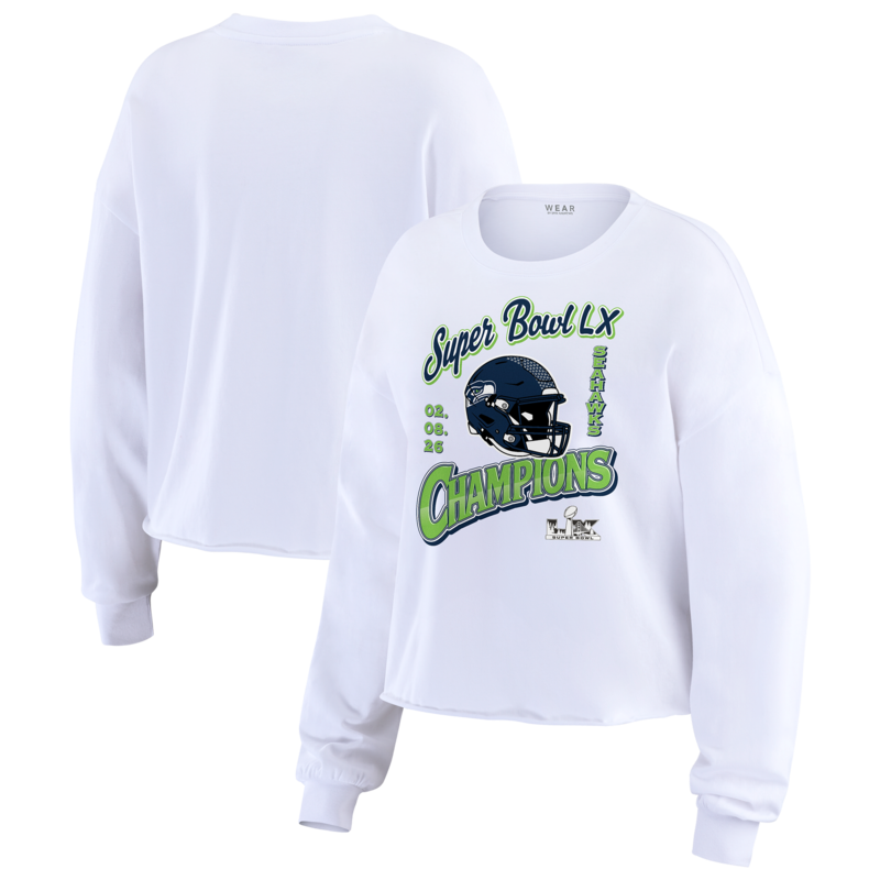 "Damen-T-Shirt von WEAR by Erin Andrews, weiß, Seattle Seahawks Super Bowl LX Champions, kurzes Langarmshirt" Image