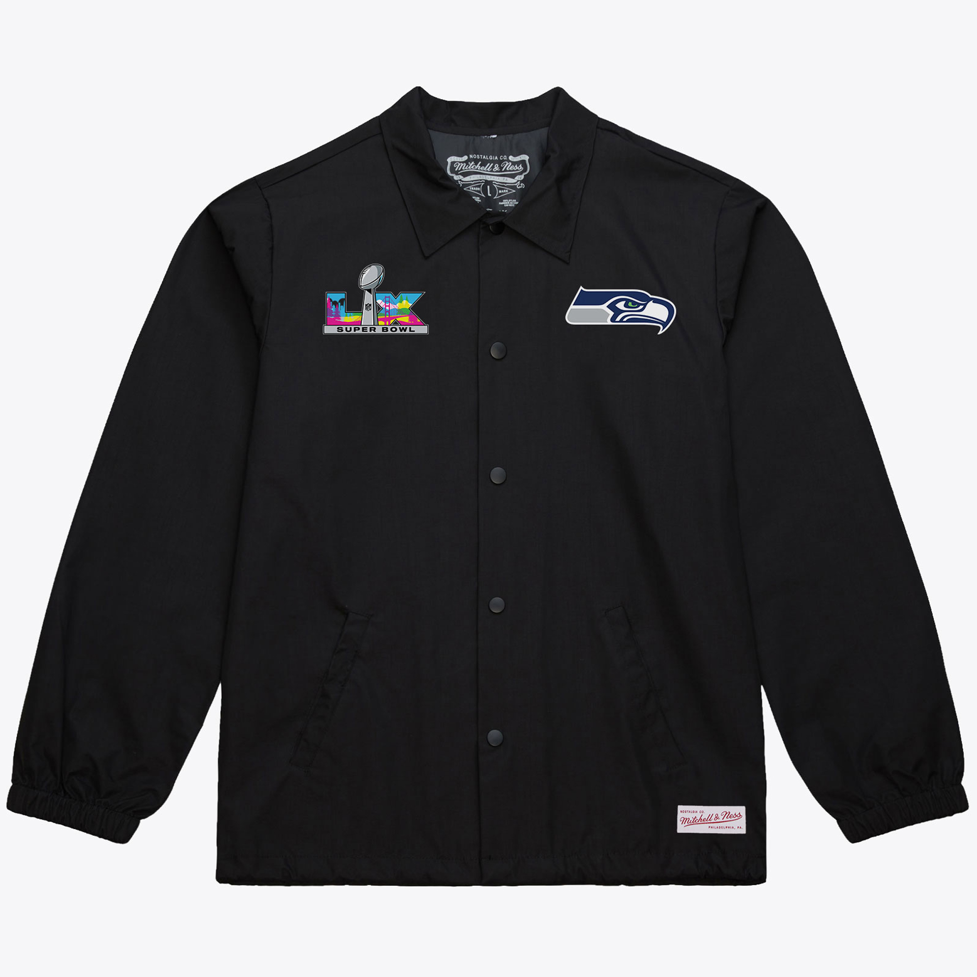 "Mitchell & Ness Herren-Trainerjacke, schwarz, Seattle Seahawks Super Bowl LX Champions, mit durchgehenden Druckknöpfen" Image