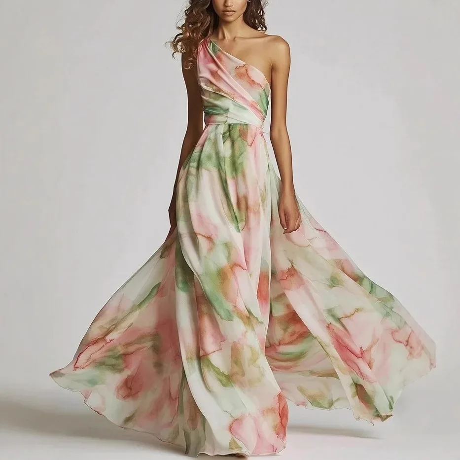 Elegantes Damenkleid, sexy One-Shoulder-Batik-Partykleid, modisch, ärmellos, bedruckt, hohe Taille, großer Saum, Maxikleid