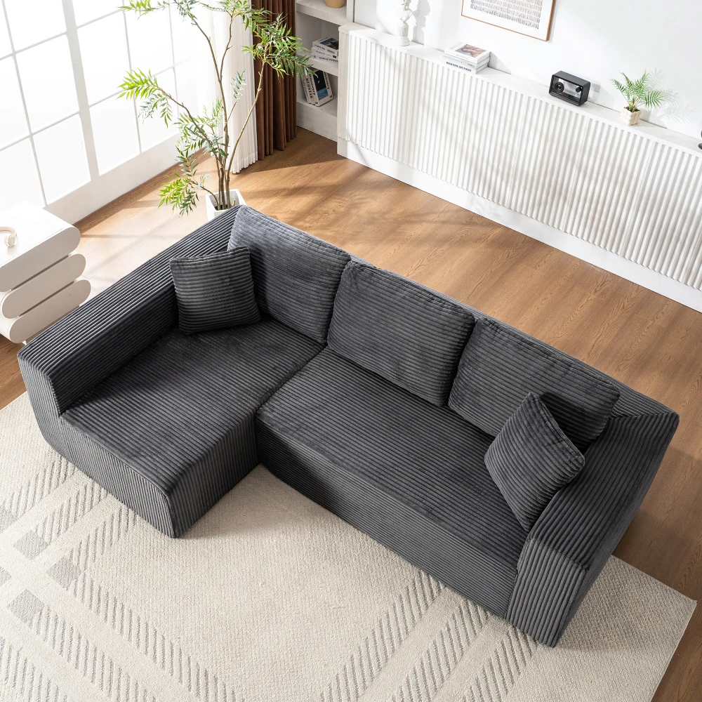 Cordstoff-Wohnzimmersofa, mit breitem Sessel, Knochenloses Schlafsofa, Modulares und L-förmiges Design, Keine Montage, Weicher Komfort Image