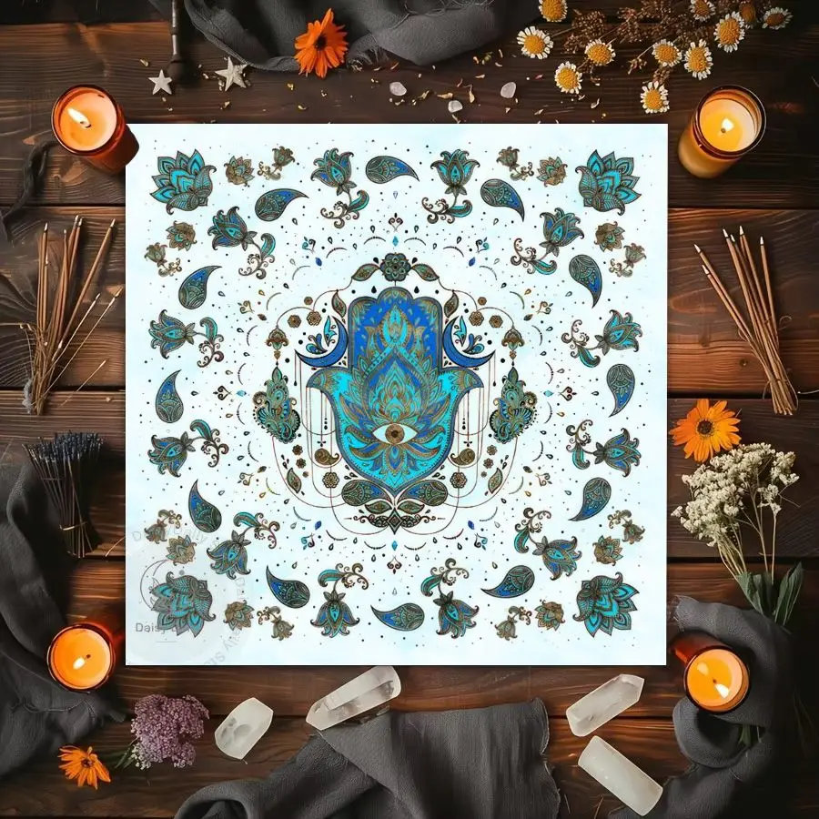 VIKAMA Bohemian Hamsa Hand Tischdecke, blau und grün, Paisley-Blumenmuster, Meditationszeremonie, Heimdekoration Image