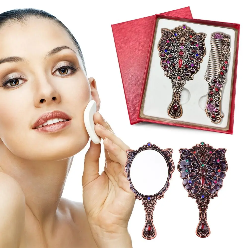 Retro Pfau offener Bildschirm kleiner Spiegel mit Metall griff tragbare Vintage Hand Make-up kosmetische kompakte Spiegel Kamm Geschenk