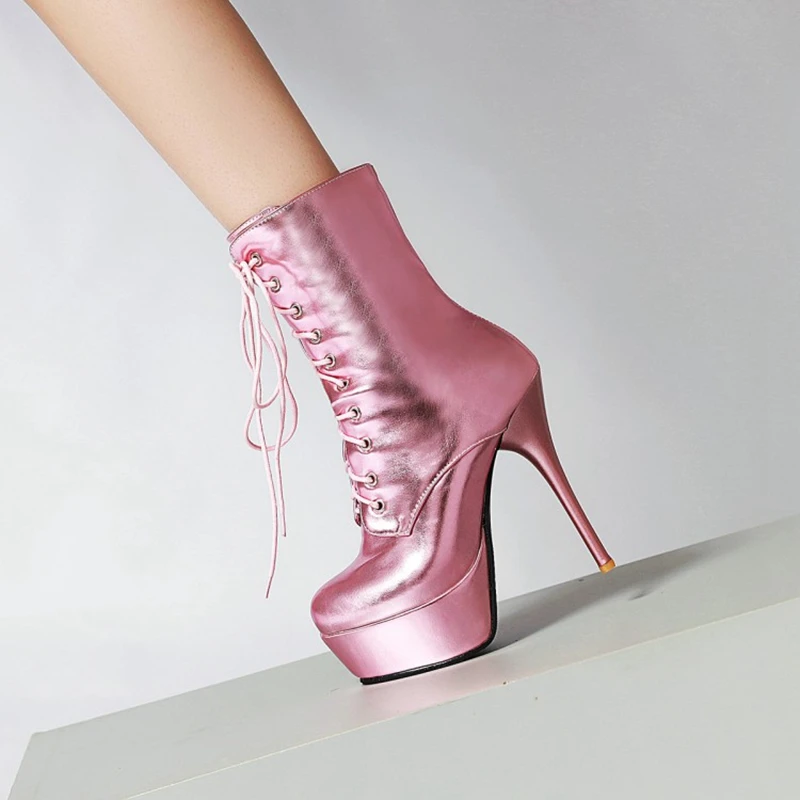 SIMLOVEYO Dünne Ferse Plattform PU Kreuz-gebunden Dekoration Große Größe 40-43 Rosa Mode Ankle Pumps Runde Kappe schuhe frauen Casual Cool