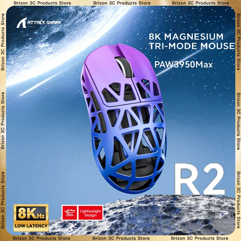 Attack Shark R2 Magnesiumlegierung Tri Mode Wireless Bluetooth Maus PAW3950 MAX Leichter 8K Esports Gaming Mouse Controller Image