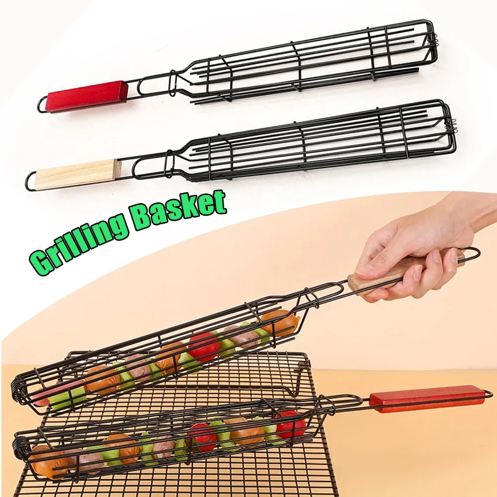 Camping-Grillrost, faltbarer BBQ-Grillkorb, robustes, antihaftbeschichtetes Netztablett, Holzgriff, Zubehör für Wurst, Fisch, Gemüse, Grillen Image