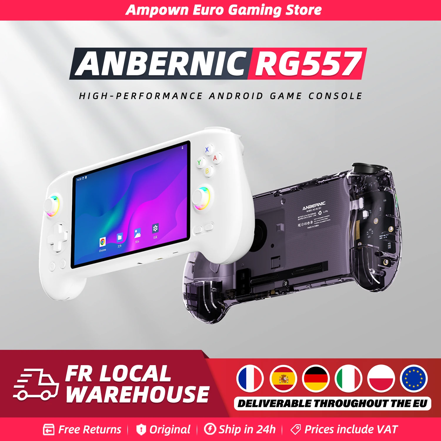 ANBERNIC RG557 Console di gioco portatile Processore di dimensioni Schermo AMOLED da 5,48 pollici Android14 Joystick capacitivo Ventola di raffreddamento con uscita DP