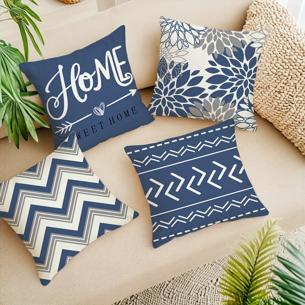 Blauer und weißer geometrischer Leinen-Kissenbezug, Sofakissenbezug, Heimdekoration, kann für Sie individuell angepasst werden, 40 x 40 45 x 45 50 x 50