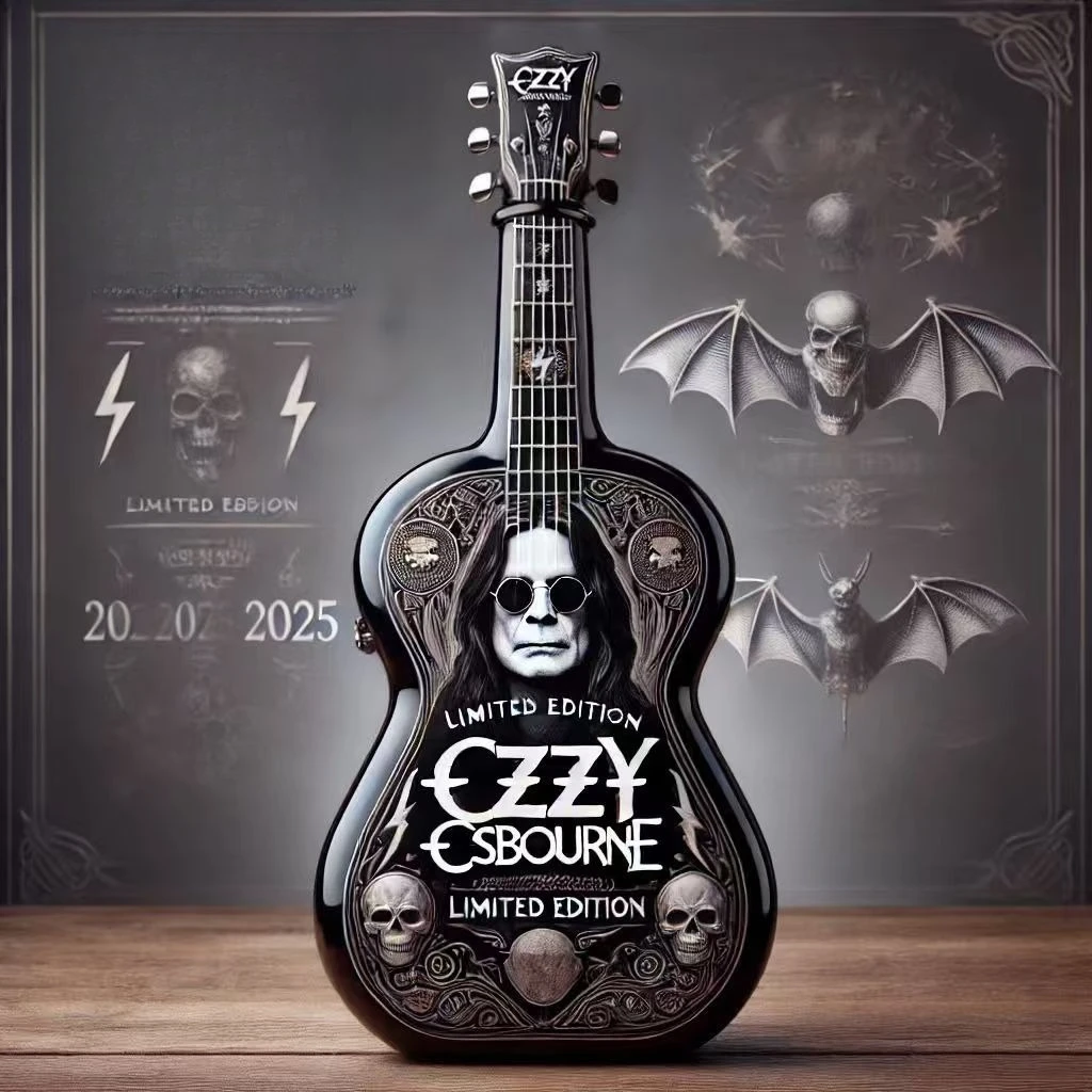 Ozzy Schwarze Gitarrenförmige Glas-Whiskyflasche Kreative Karaffe 300ml Ozzy Gedenkdekoration Wohnaccessoire Image