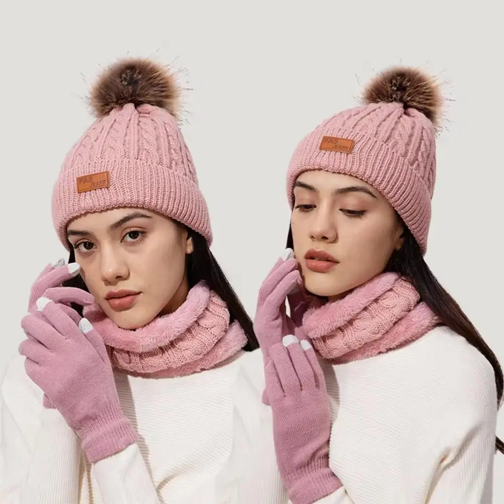 Winter Damen Mützen Schal Handschuhe Set Stricken Kaltes Wetter Beanie Mütze mit Pom Warm Verdicktes Fleece Gefüttert Zubehör Set Image