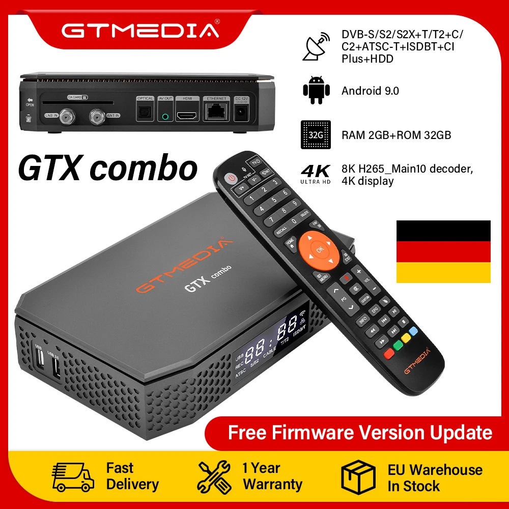 Allemagne en stock GTMEDIA GTX Combo 8K UHD Smart TV Box Android DVB-S/S2/S2X+T/T2+C/C2, fente pour carte CA et CI+1.4, SATA-HDD, décodeur BT4.1
