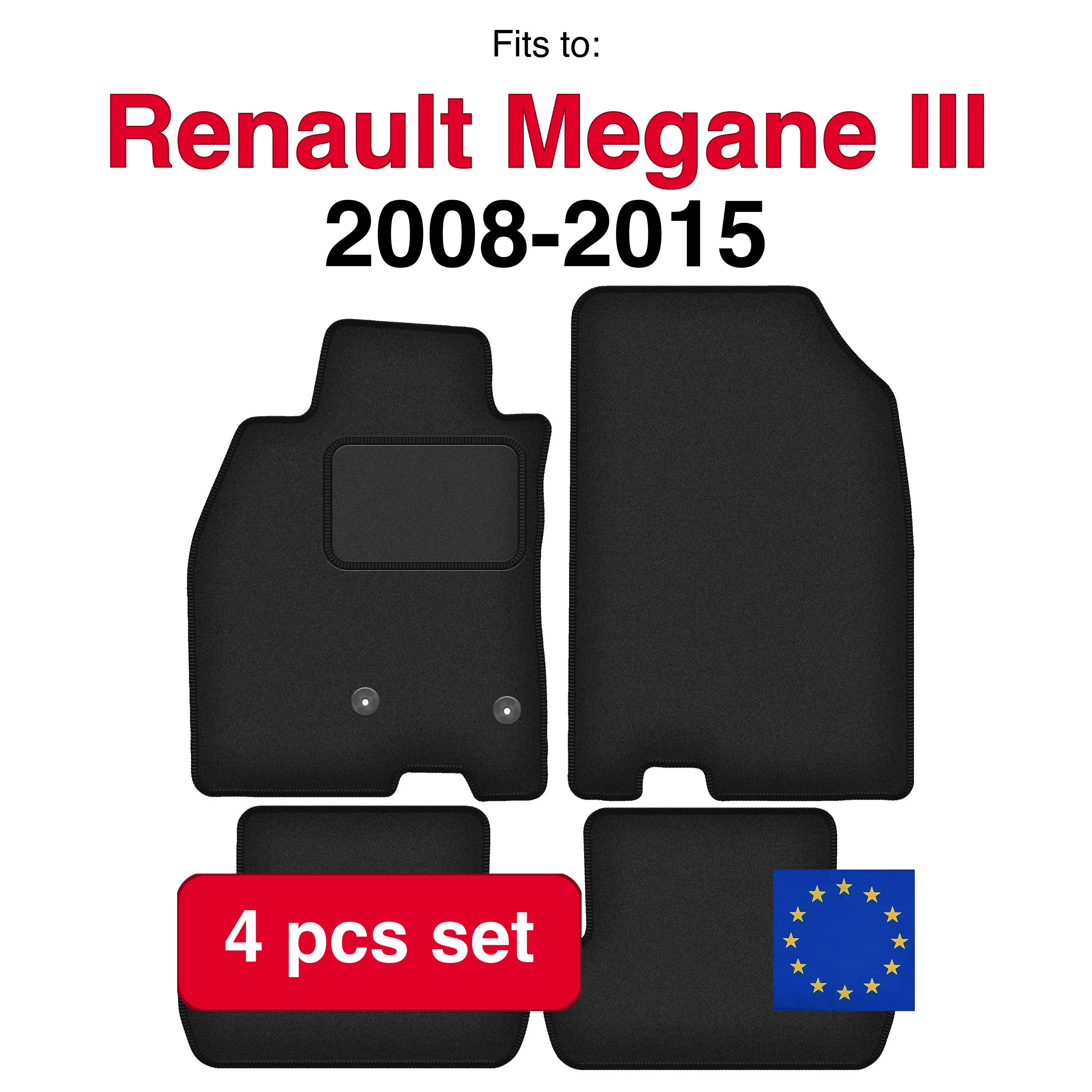 Tapis de voiture en velours pour Renault Megane III hatchback, coupé, grandtour break (2008-2015) - Noir (4 pièces) - Ensemble de tapis de voiture sur mesure