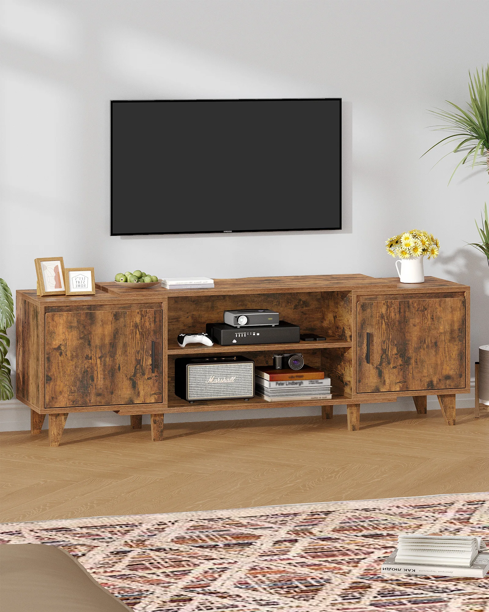 Meuble TV, meuble TV pour meuble TV de moins de 60 pouces avec 2 armoires et 2 espaces ouverts, 140 x 40 x 51,5 cm, pour le salon