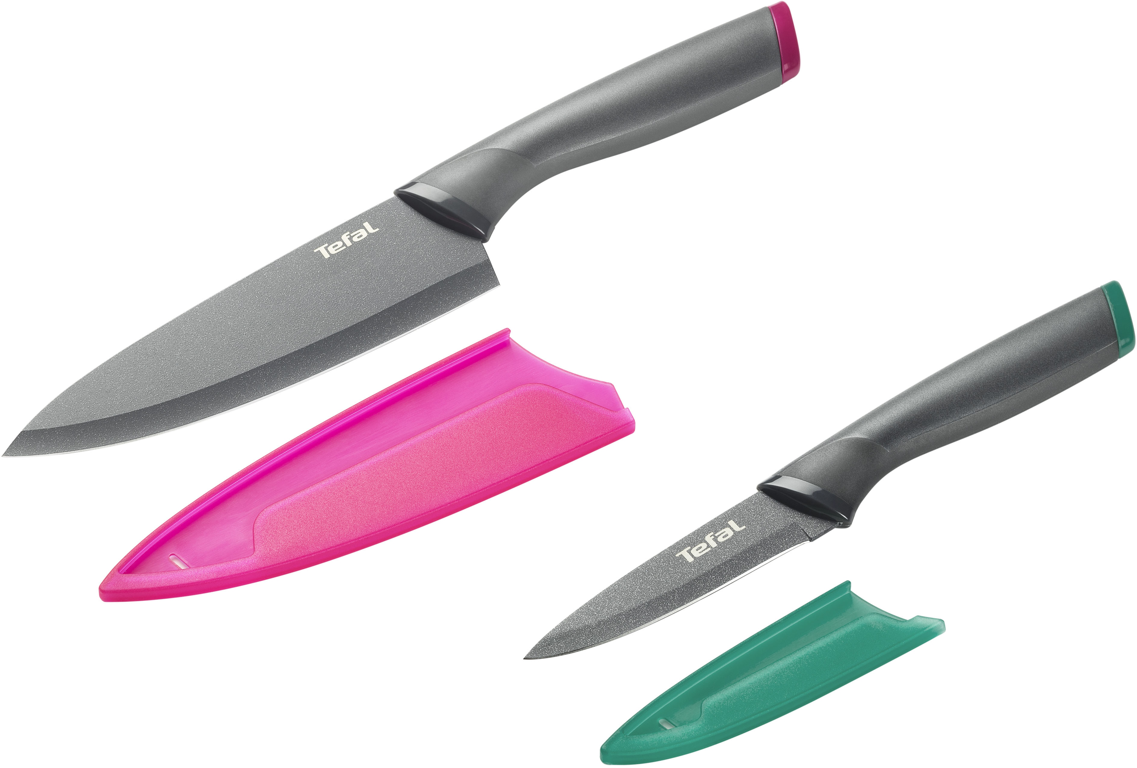 Messer-Set TEFAL "Fresh Kitchen", grau, pink, grün, Edelstahl, Kunststoff, Kochmesser-Sets, 2-tlg, Klingen aus rostfreiem Stahl, Titan-Versiegelung, Klingenschutz Image