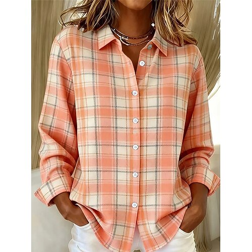 Damen Hemd Knöpfe Druck Grafik Karomuster Vintage Stilvoll Modern Langarm Hemdkragen Normale Oberteile Täglich Blau Orange Sommer Frühling Image