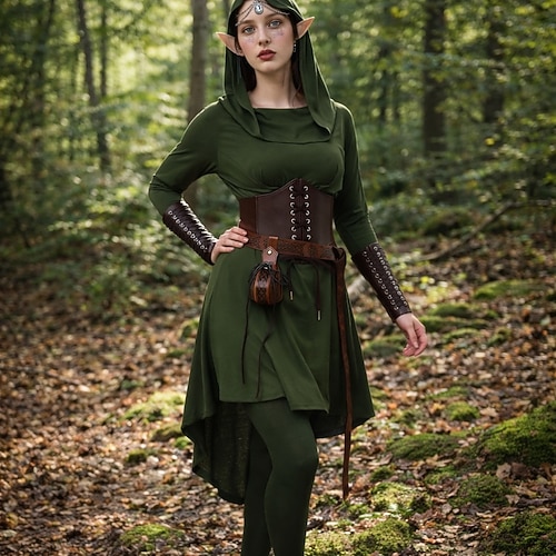 Set Retro Vintage Mittelalterlich Renaissance Asymmetrisch Kleid Korsett Kopfschmuck mit Zubehör langarm Elf Fee Kostüm Damen Fantasie Halloween Karneval Renaissance-Messe LARP Retro-Mottoparty Image