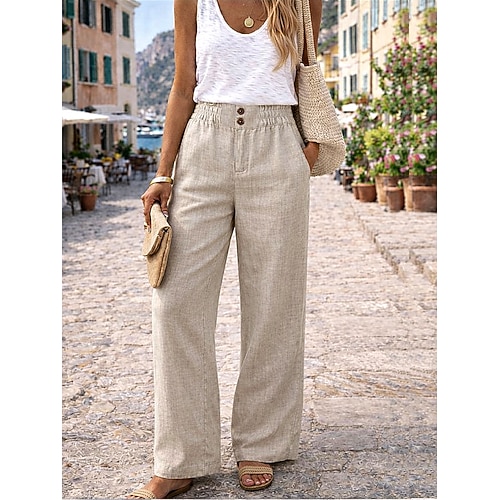 Damen Kunstbaumwollleinen Weites Bein Chinos Hosen Hose Streetwear Basic Lässig Volle Länge Hohe Taille Einfach Tasche Bequem Weich Unelastisch Outdoor Straße Aprikose Sommer Frühling Herbst Lässiger Image