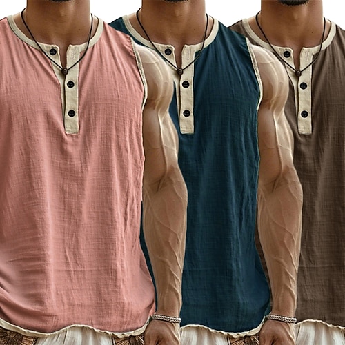 3-teiliges Multipack Herren Tanktop, ärmelloses Henley-Shirt, Sommer-Design, schlichte Mode, Designer-Basic, Freizeit, Urlaub, Streetwear, A-, B- und C-Top-T-Shirt für Herren Image