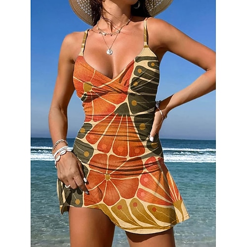 Damen Badeanzug Einteiler Rock Bademode Elegant Urlaub Blumen Grafik V Ausschnitt Ärmellos Badeanzüge Image