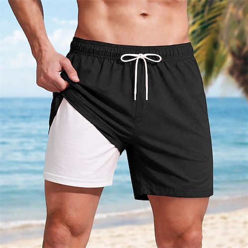 Herren 2pcs Badehosen Boxer-Badeshorts Shorts Tasche Elastischer Bund Farbblock Einfach Einheitliche Farbe Atmungsaktiv Über dem Knie Lässig Strand Schwimmen Urlaub Mode Blau Schwarz Mikroelastisch Image